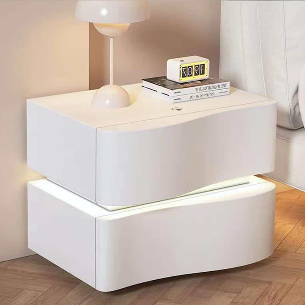 Modern Leather Nightstand with LED Light & 2 Drawers