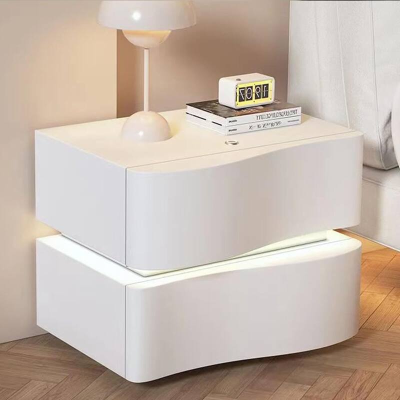 Modern Leather Nightstand with LED Light & 2 Drawers - White