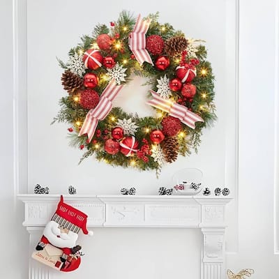 Lighted 24 in Christmas Wreath for Front Door Window Fireplace - N/A