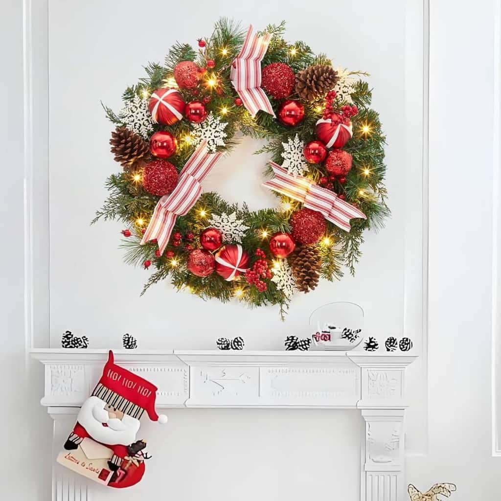 Lighted 24 in Christmas Wreath for Front Door Window Fireplace - N/A