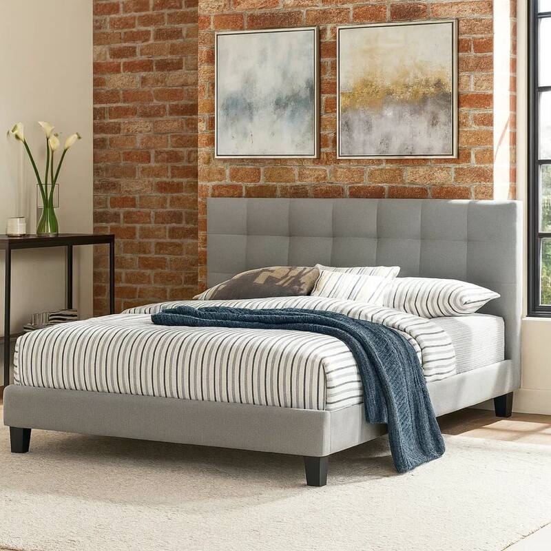 Dex Modern Platform Queen Size Bed, Square Tufted Upholstery, Light Gray