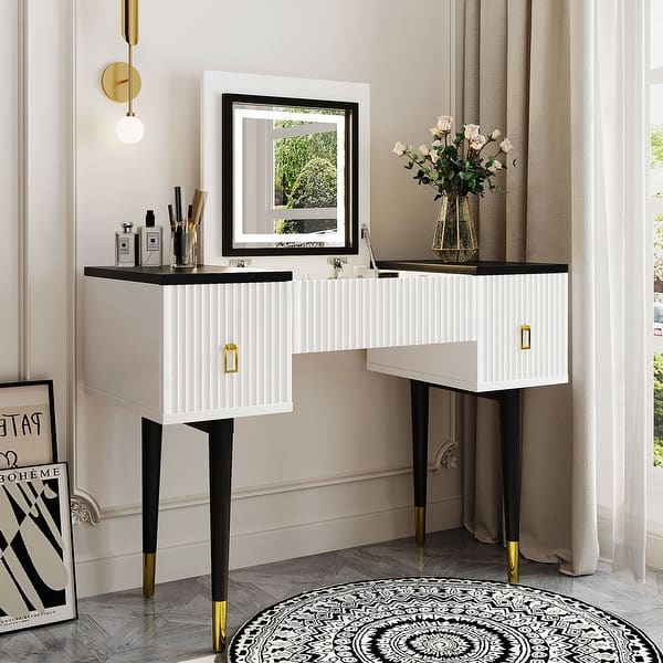 modern marble dressing table 43.3" Modern Dressing Table Set with Flip-top Mirror and LED Light,Customizable Storage,Marble-style Stickers Tabletop - Bed Bath & Beyond