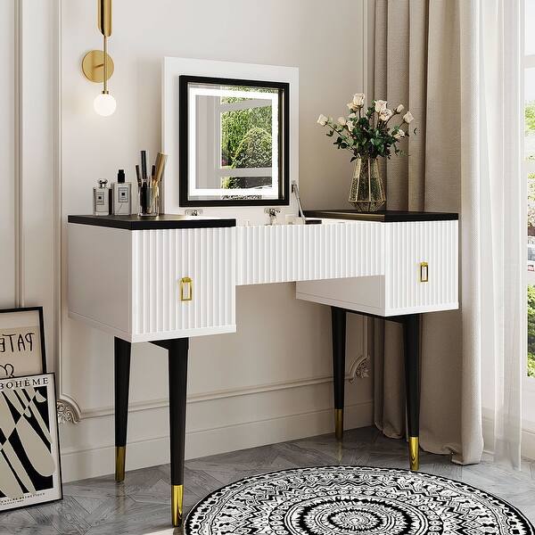 modern dressing table with storage FUFU&GAGA 39.4 in. W White LED Dimmable Mirror Dresser Dressing Table with 5-Drawers, Stool and Storage Shelves