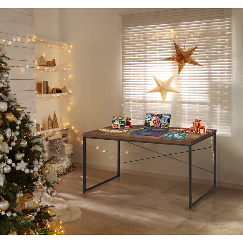 Modern Rustic Writing Desk with Oak Wooden Top, Industrial U-Shaped Metal Legs, and Durable Back "X" Support for Home Office - Oak