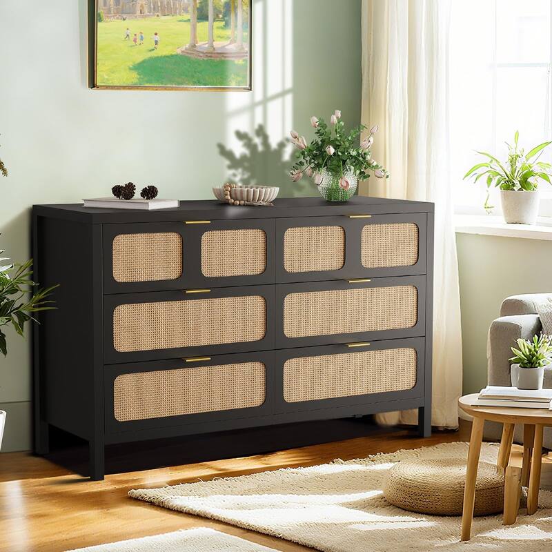 6 Drawer Dresser, Rattan Dresser for Bedroom, Farmhouse Wood Storage Chest of Drawers
