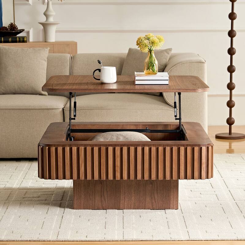 35.43 Inch Modern Handcraft Coffee Table, Square Coffee Table for Living Room, Lift Top Wooden Coffee Table