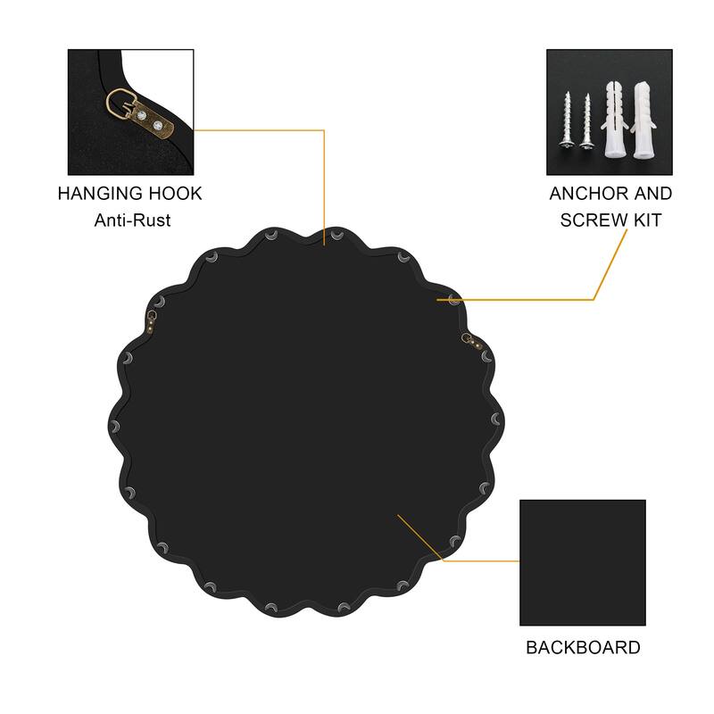 Solid Wood Wavy Mirror-Black Vanity Mirror Wall Decor 36" x 36" Modern Mirror Wall Decor