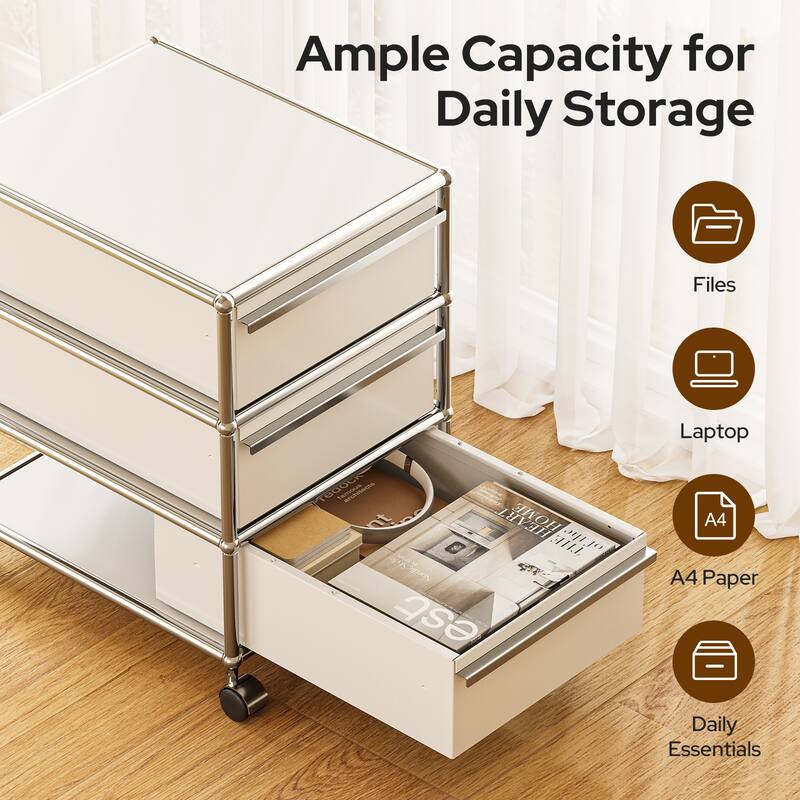 Modern 2/3-Drawer Wheel File Storage Cabinet with Stainless Metal