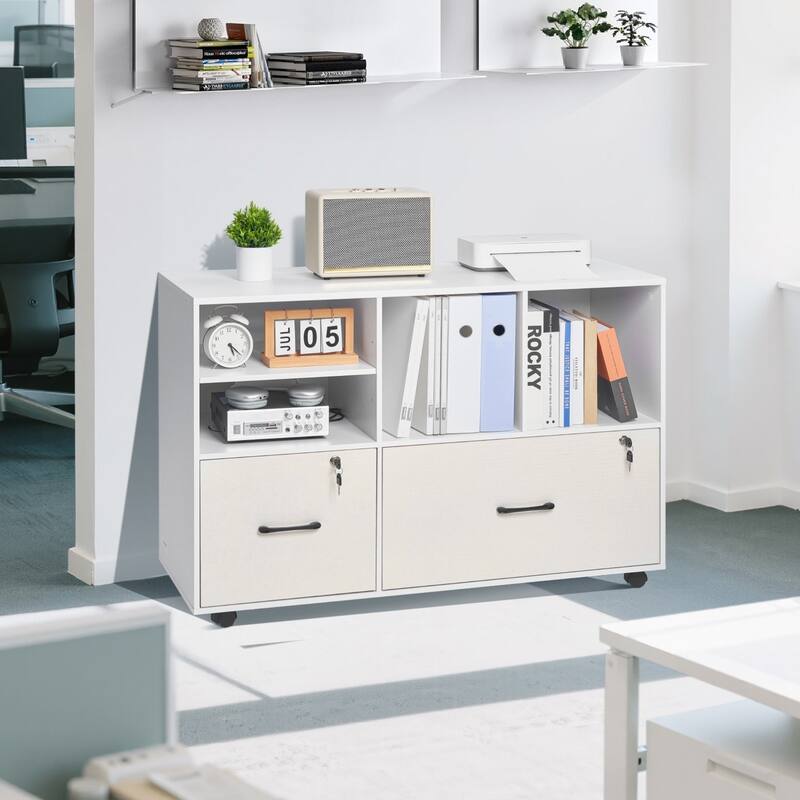 White Particle Board Mobile File Cabinet with 2 Lockable Drawers 4 Shelves and Casters