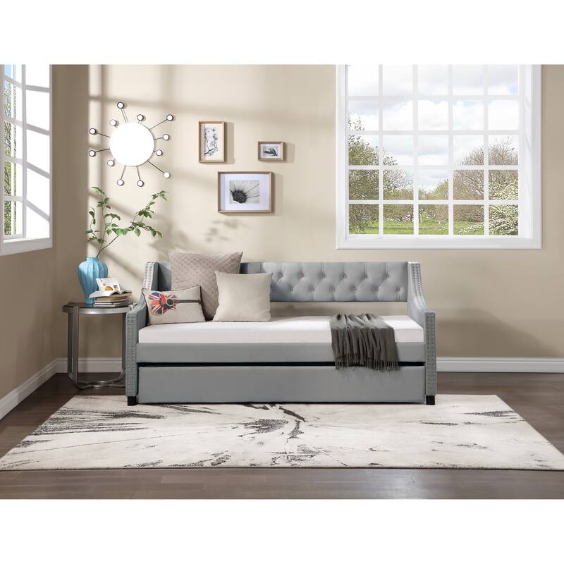 Full Size Daybed with Trundle Upholstered Tufted Sofa Bed, with Button and Copper Nail