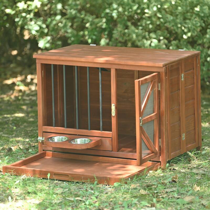43" Solid Wood Dog Crate Furniture, Foldable Indoor Kennel with 360 Rotating Feeder for Small & Medium Dogs