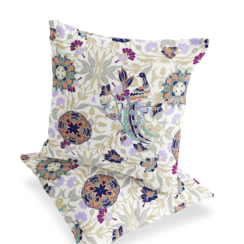 HomeRoots Set of Two 16" X 16" Purple and White Peacock Blown Seam Eclectic Indoor Outdoor Throw Pillow