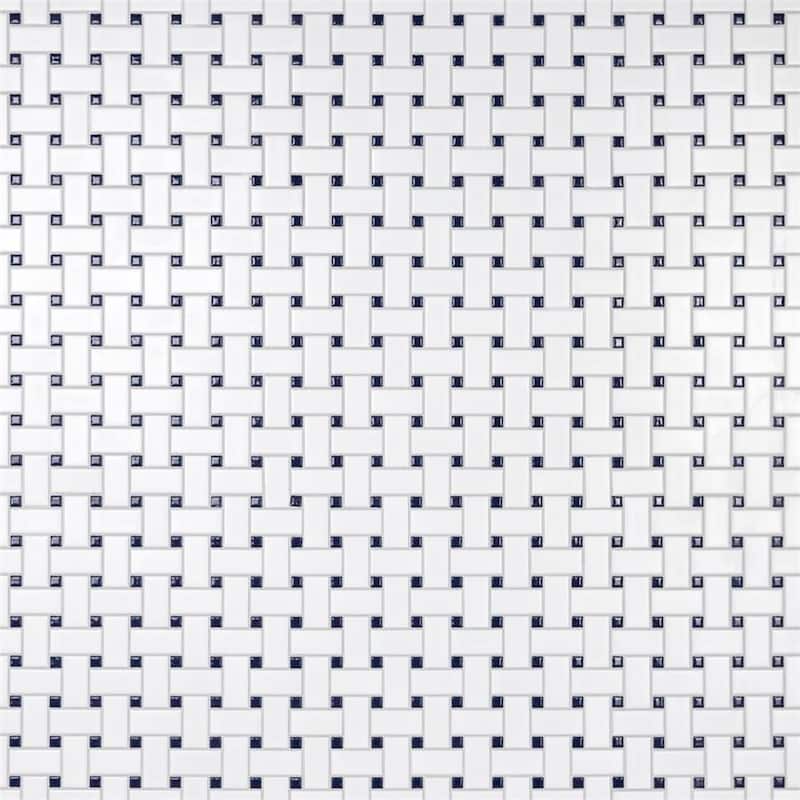 Merola Tile Metro Basketweave White w/ Glossy Cobalt Dot 11-3/4" x 11-3/4" Porcelain Floor and Wall Tile