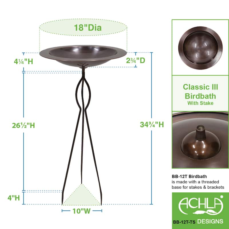 Achla Designs 18"Dia. Round Antique Finished Brass Classic Copper Birdbath w/Roman Bronze Wrought Iron Tripod Stake