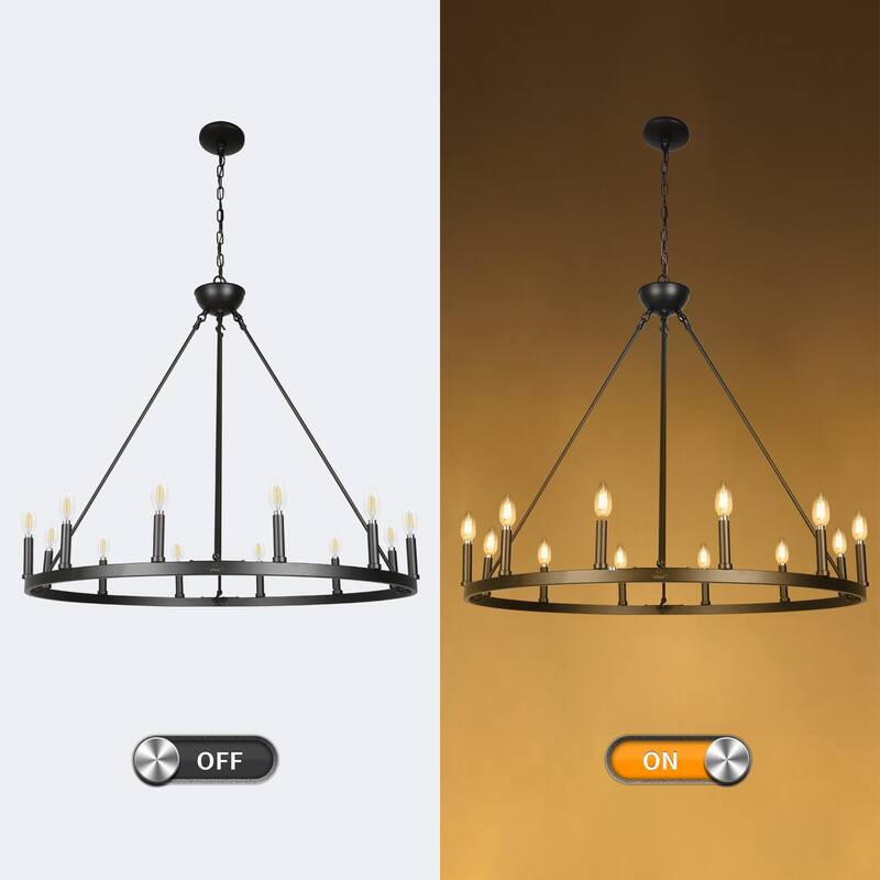 12 Light Chandelier Wagon Wheel (37” Wide) Matte Black Steel Frame