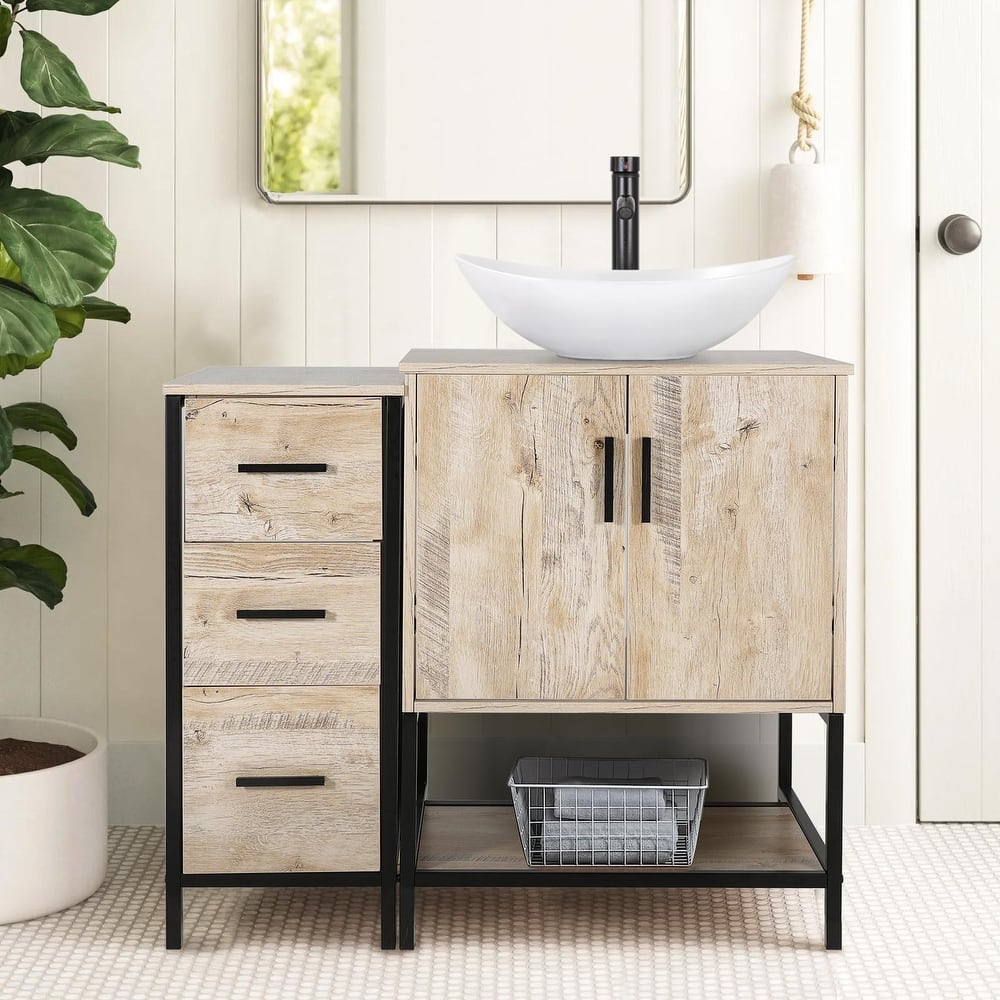 36" Bathroom Vanity Set with Side Cabinet Mid-Century Vanity with Sink & Faucet