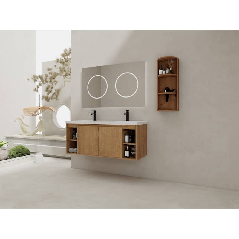 Wall-Mounted Bathroom Vanity With Double Sink and Storage Rack