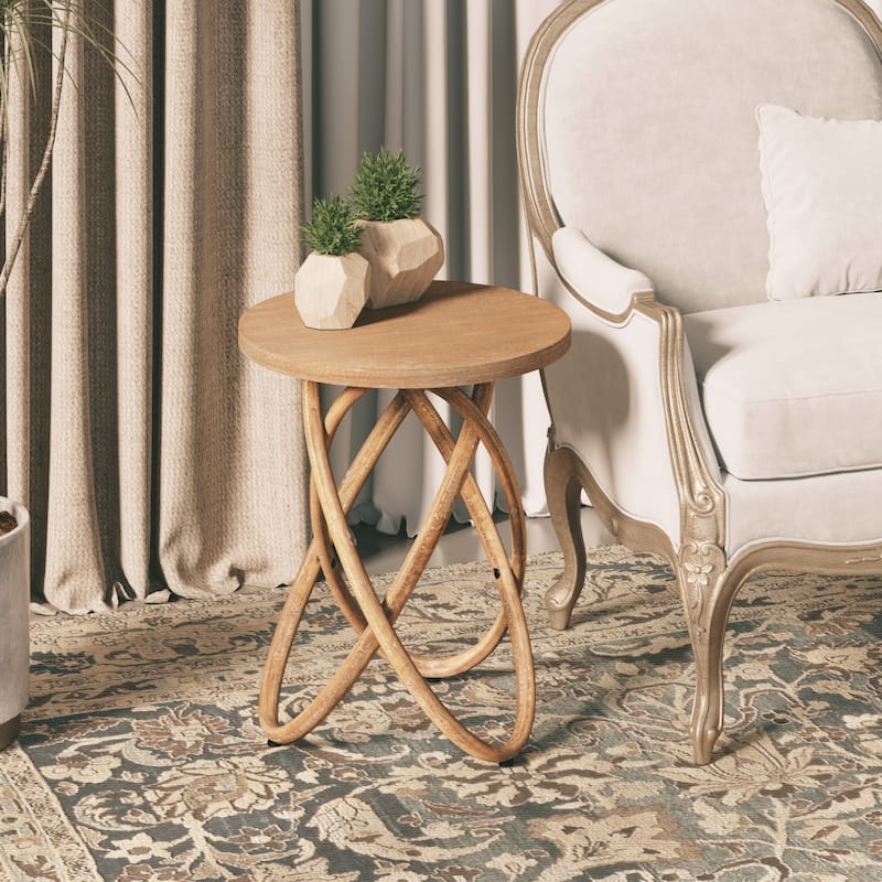 COZAYH Farmhouse End Table Round Wood Side Table Rustic Plant Stand With Intertwined Line Design - Natural