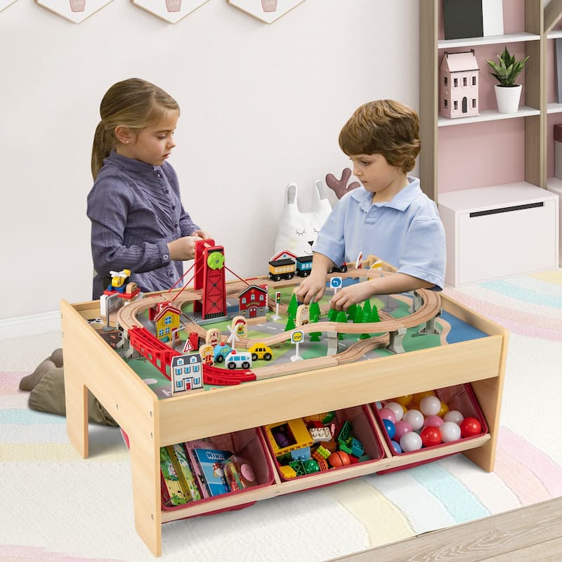 Gymax 94 PCS Wooden Train Set Table w/Reversible Tabletops 3 Storage