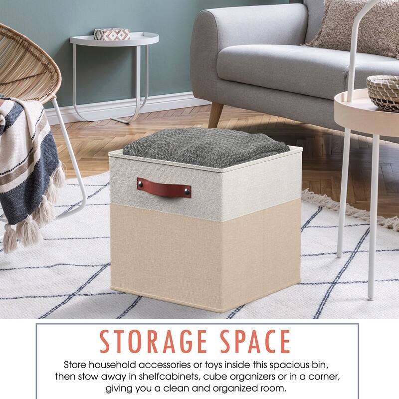 Foldable Collapsible Storage Box Bins Linen Fabric Shelf Basket Cube Organizer with Leather Handles - Set of 6