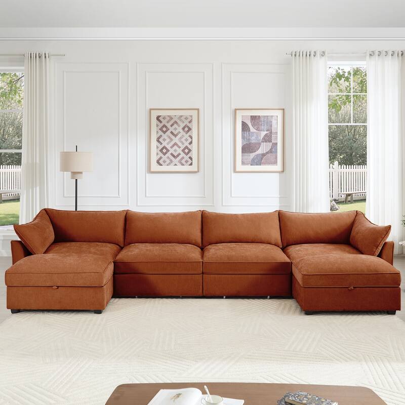 GDFStudio - Chenille U-Shaped 4-Seater 146.4" Modular Sofa with 2 Ottomans and Storage Drawers