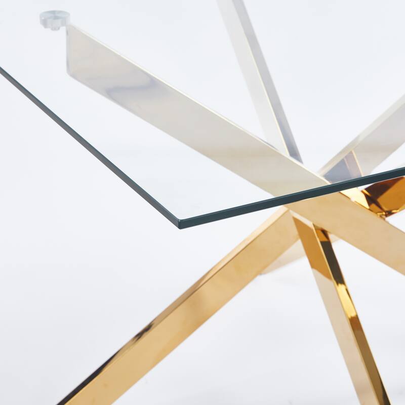 Golden Dining Table with cross metal leg and glass,Modern Space Saving Kitchen Table for Living Room,120x120x75cm square glass