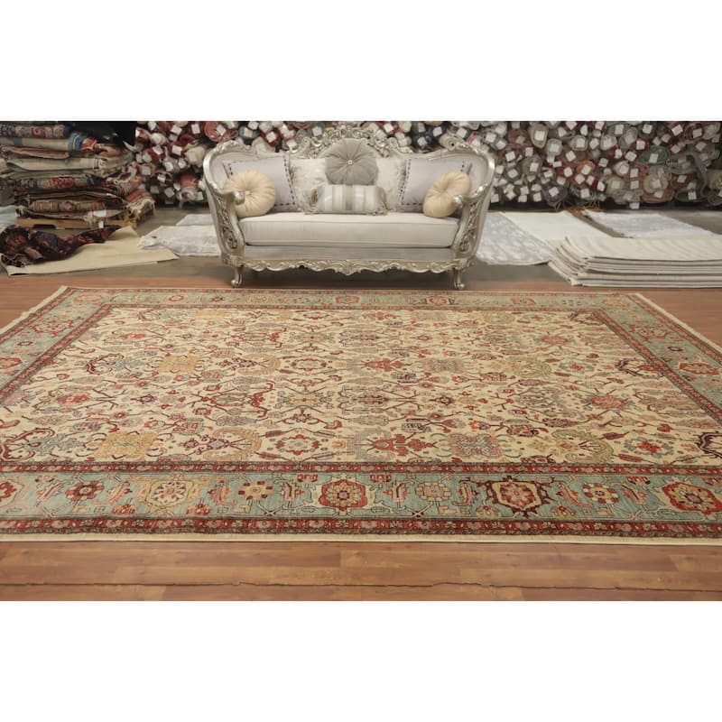 Hand Knotted Traditional Wool Beige Geometric Area Rug - 13' 7'' X 10' 3''