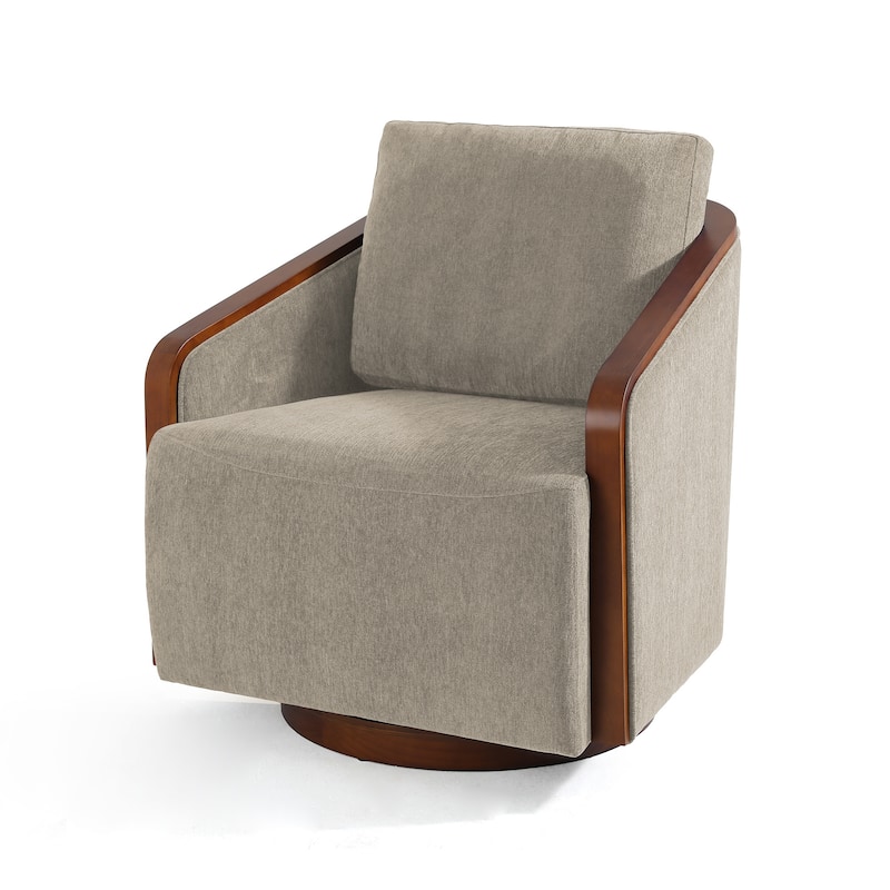 Upholstered Swivel Barrel Chair with Curved Wood Arms