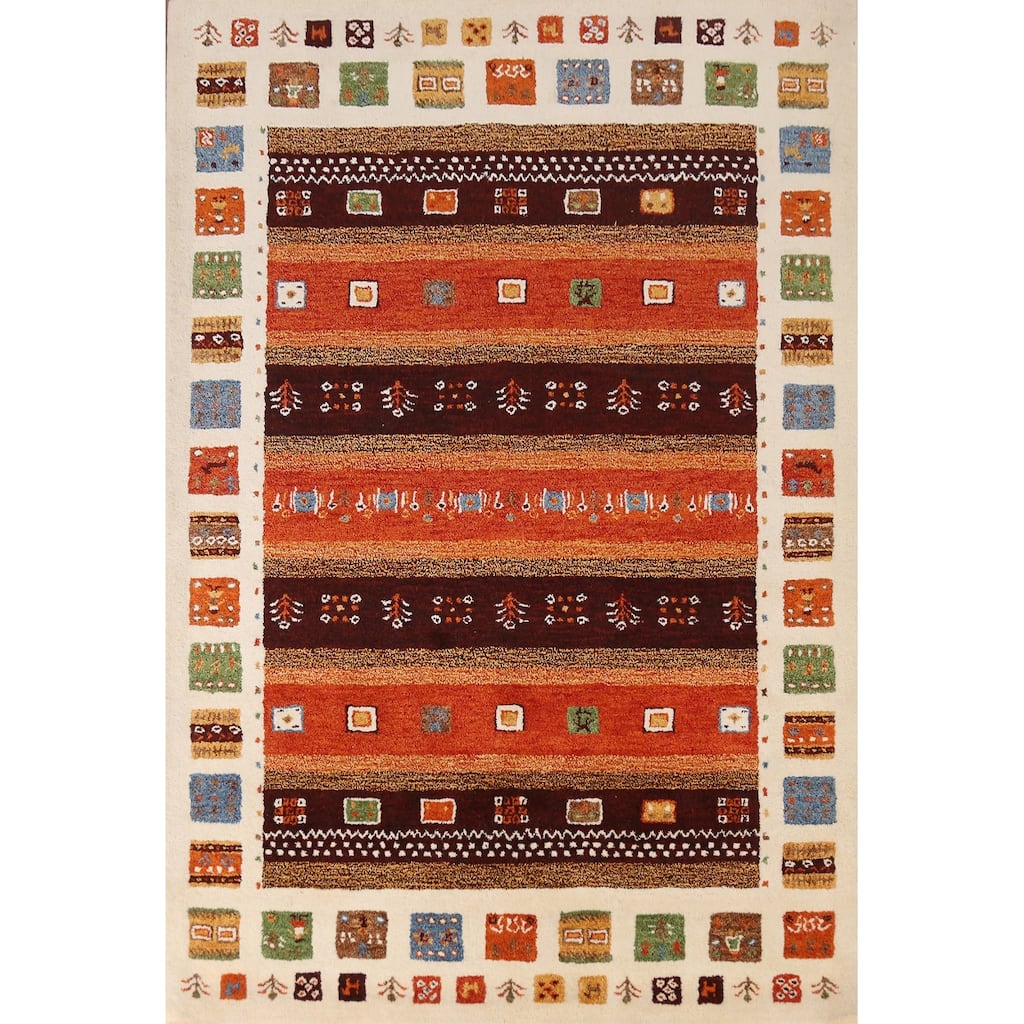 Tribal Geometric Gabbeh Indian Area Rug Orange Handmade Wool Carpet - 5'3" x 7'7"