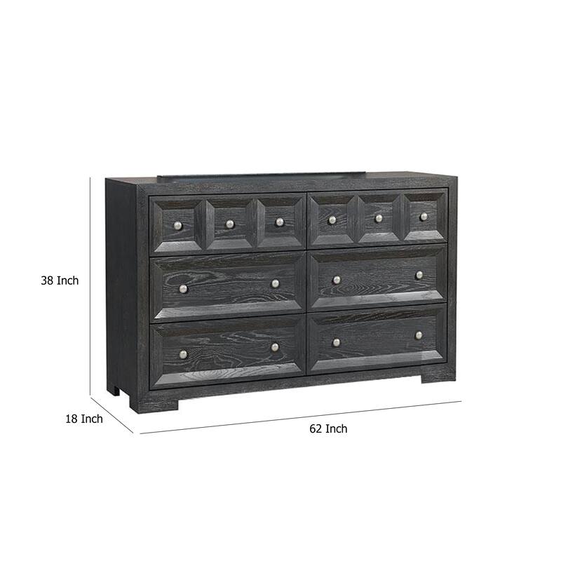 Kizie Wide Dresser, 6 Drawers, Weathered Black Solid Wood, 62 Inch
