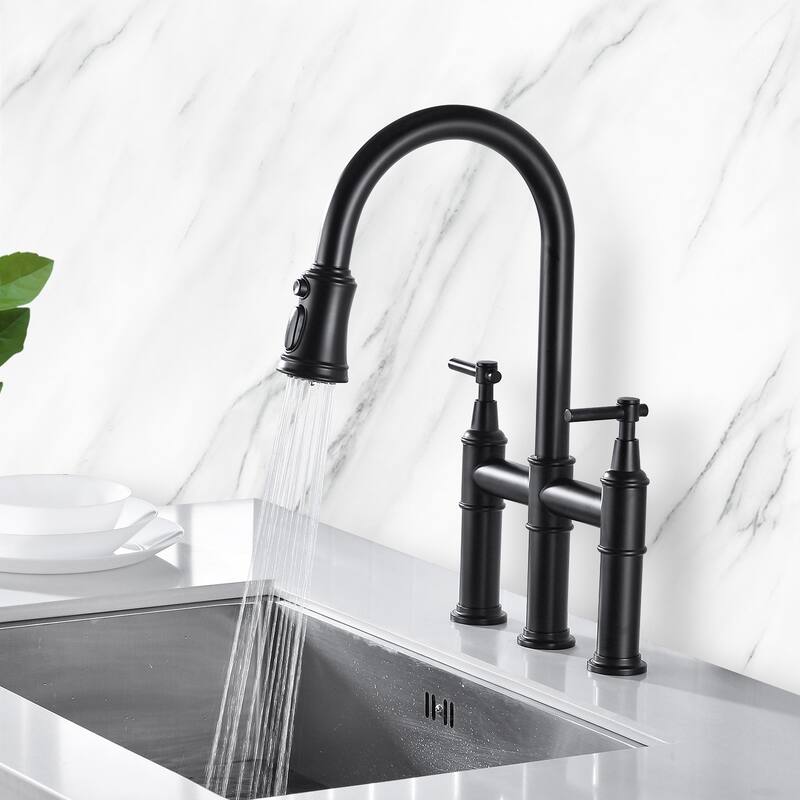 Transitional Bridge Kitchen Faucet with Pull-Down Sprayhead, Double Handle Kitchen Sink Faucet