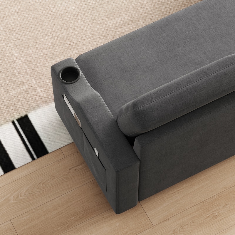 83.5" Fabric Convertible 3-Seater Sleeper Sofa with Pull-Out Bed, Recliner, Storage Pocket, and Cup Holder