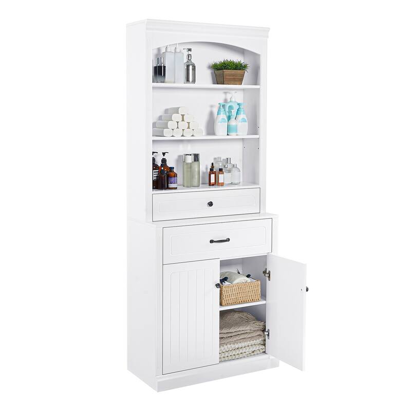 GDFStudio - Tall Bathroom Wooden Storage Cabinet, Adjustable Shelf & Open Shelves