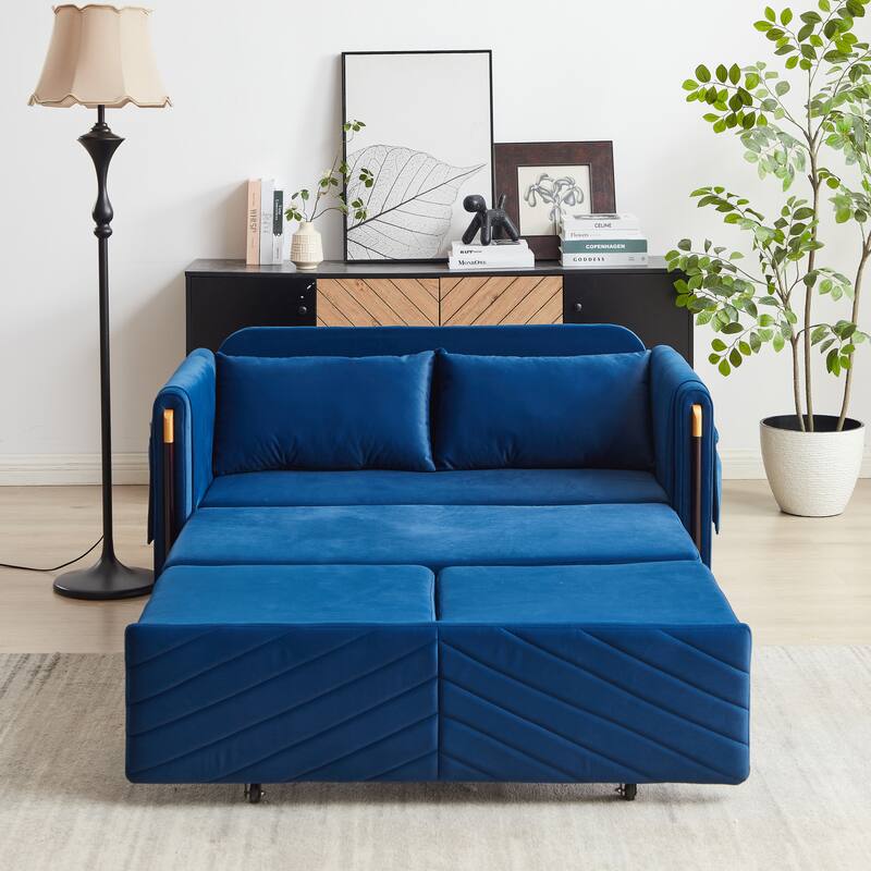 54" Velvet Pull-Out 2-Seater Sofa Bed with Adjustable Backrest & 2 Pillows