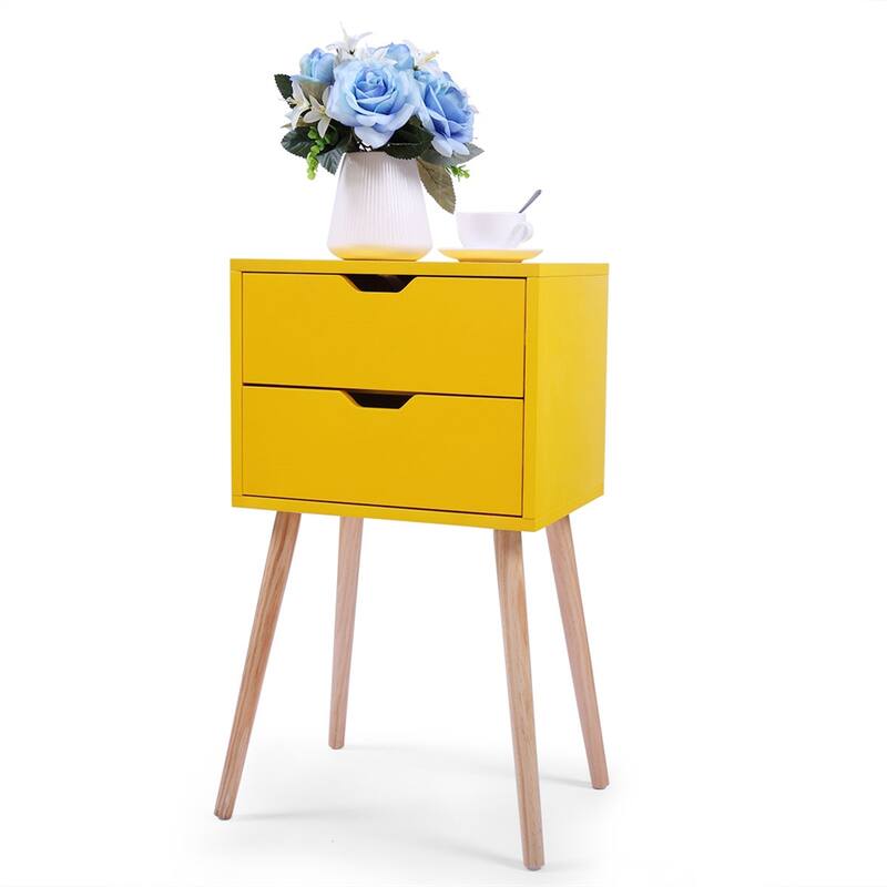 Mid Century Wood Nightstand with 2 Drawers and Pinewood Leg (Set of 2)