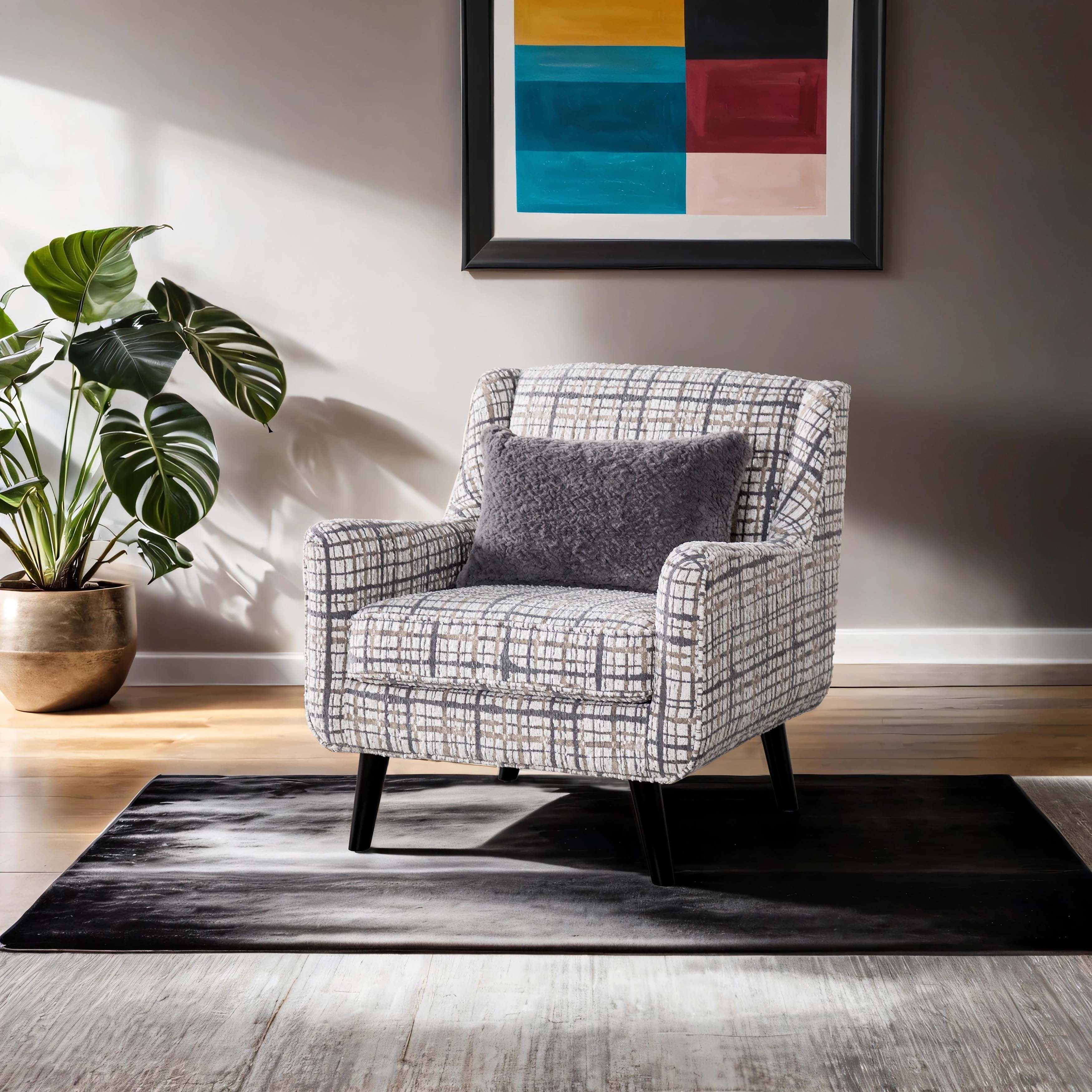 Furniture of America Lenatas Plaid Patterned Fabric Solid Wood Arm Chair