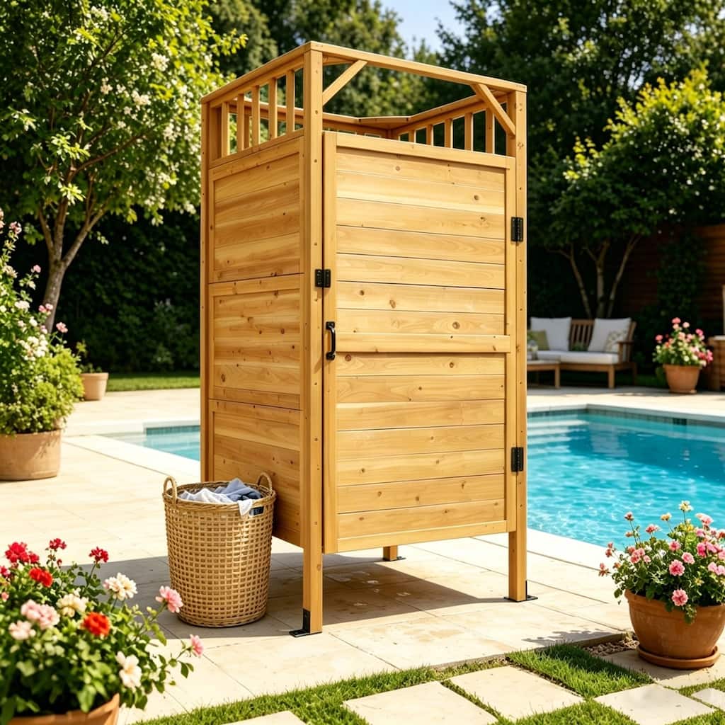 VEIKOUS Outdoor Wooden Shower Enclosure with Lockable Privacy Door - 39.37'' × 39.37'' × 83.36''