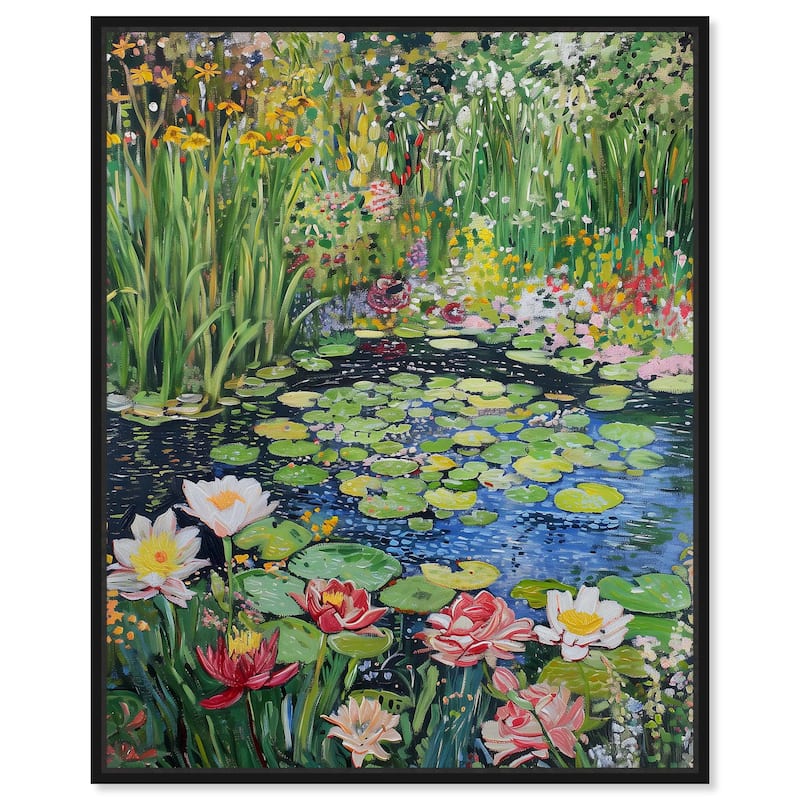Art Remedy Impressionist Pond Framed Impressionism 1 Piece Canvas Wall Art /Monet And Van Gogh Inspired Art - 21 x 25 - Black