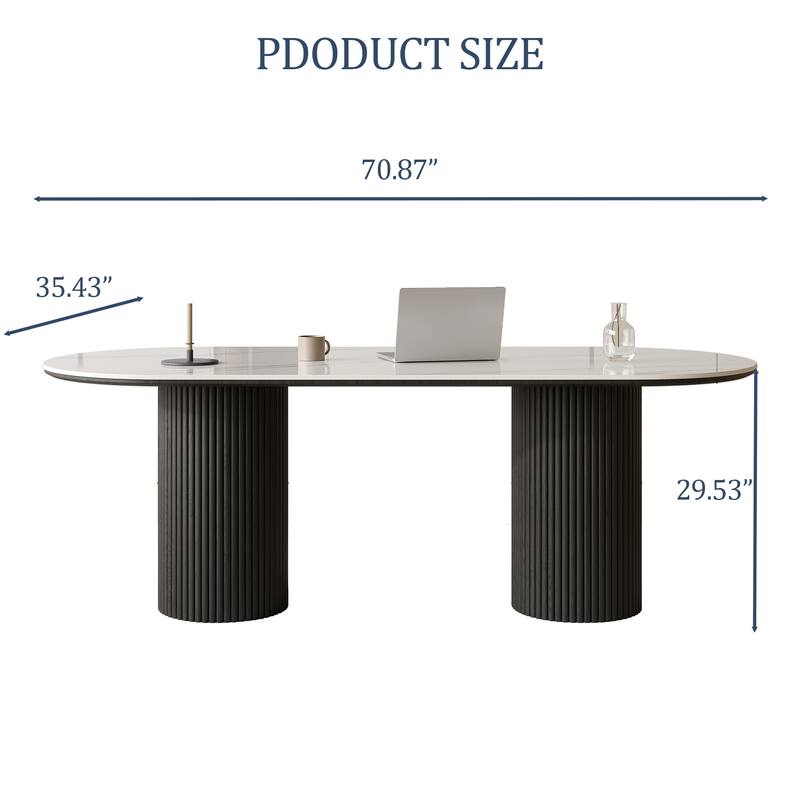 71" Modern Oval Writing Desk,Glossy White Office Table,with Double Solid Wood Legs, 3 Colors Optional