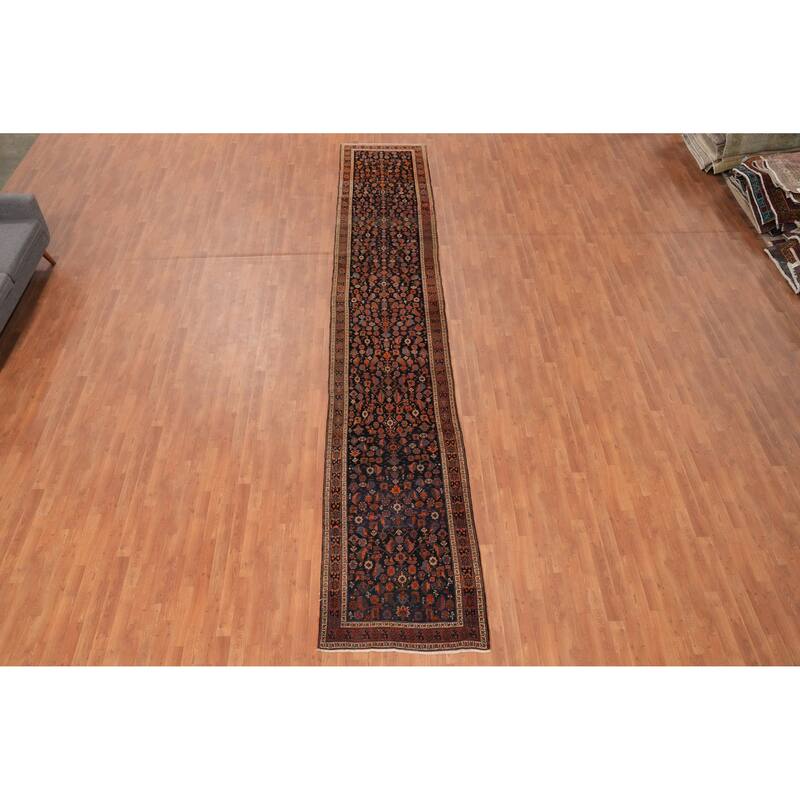 Hand Knotted Oriental 100% Kork Wool Carpet Traditional Tribal Navy Blue & Blues Bidjar Runner Rug - 18' 0'' X 3' 1''