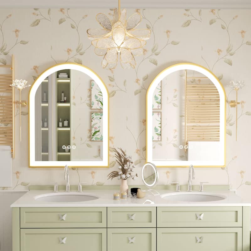 Gold Bathroom Arch LED Vanity Mirror Anti Fog Dimmable Memory 3 Colors - 36"x24"x1.6"