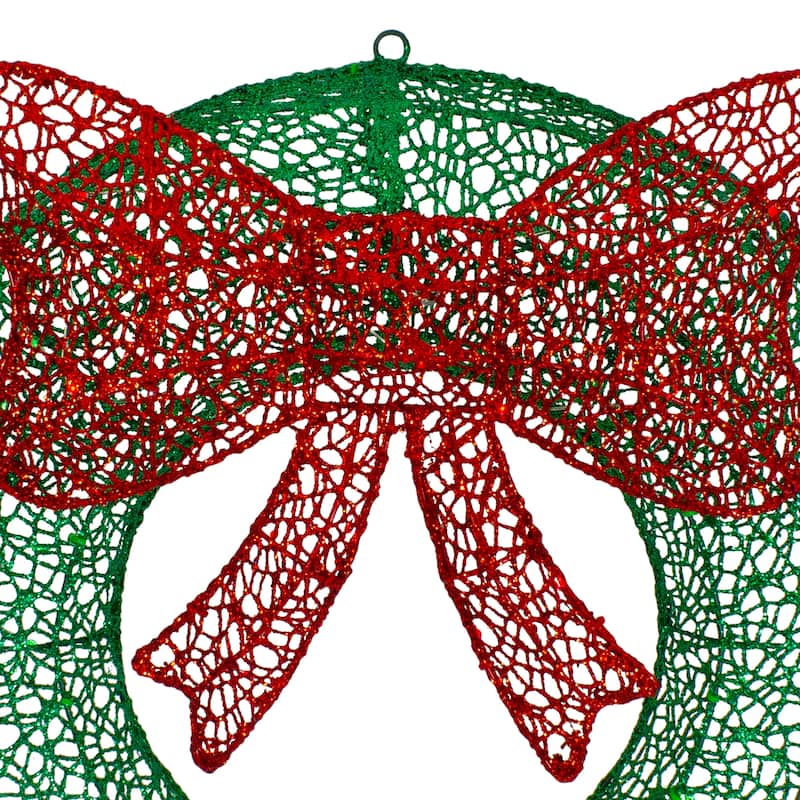 24" LED Lighted Green Glitter Wreath with Red Bow Outdoor Christmas Decoration