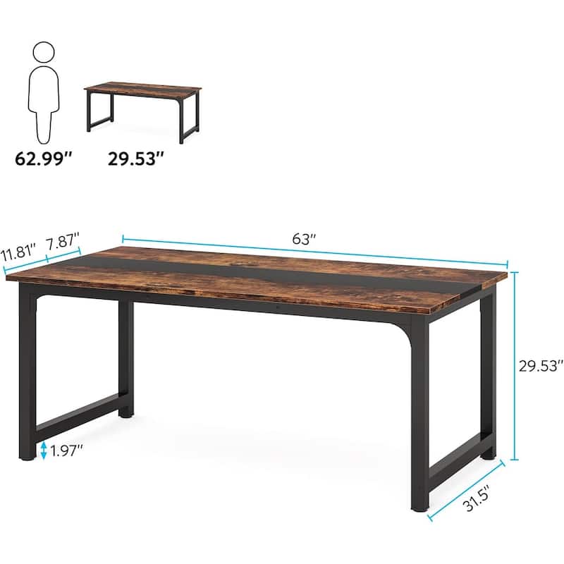 63" Executive Desk, Large Modern Office with Thick Metal Frame , Rustic Brown & Black