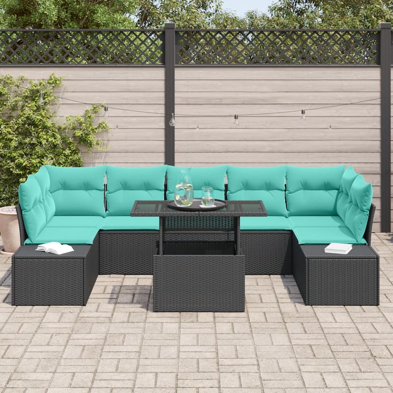 vidaXL 8 Piece Garden Sofa Set with Cushions Black Poly Rattan - 113.8×60.6×27.2