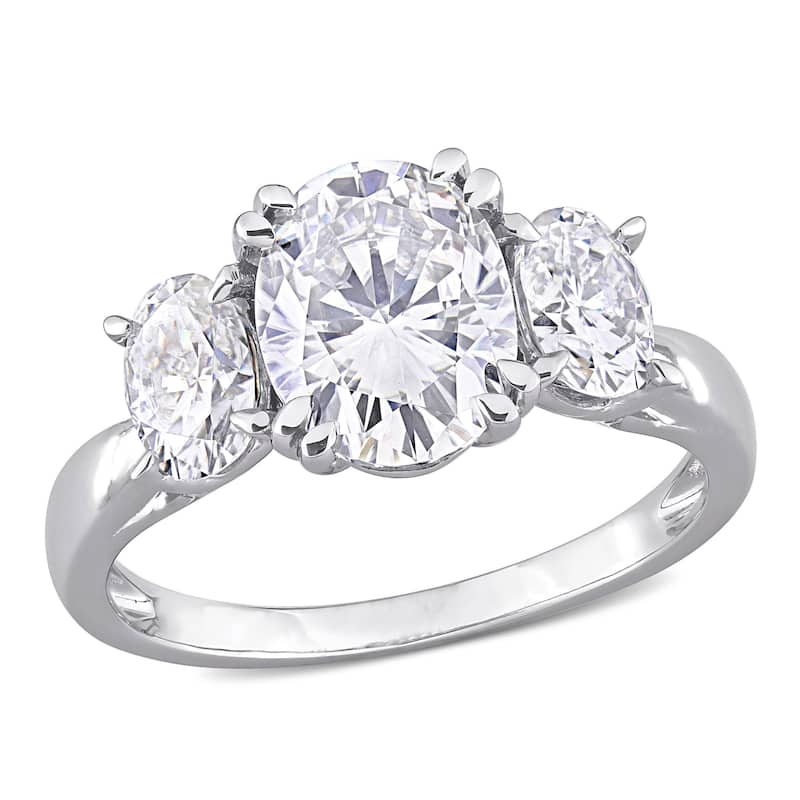 Miadora 3ct DEW Oval-cut Moissanite 3-Stone Engagement Ring in 10k Gold - 7 - White