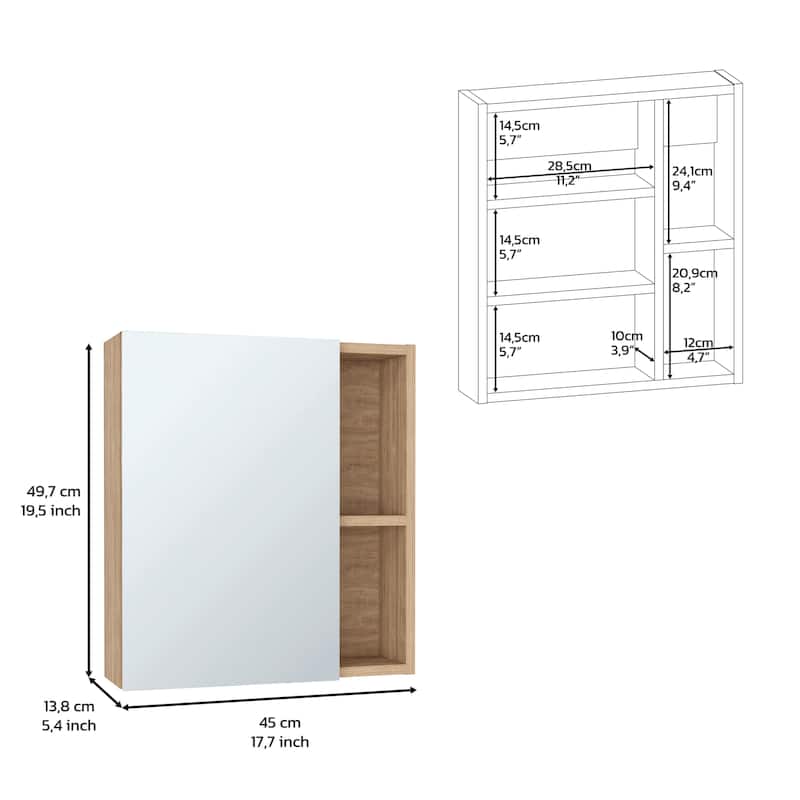 Medicine Cabinet with Mirror and 5 Interior Shelves, Single Door, 19" H - Wall-Mounted Bathroom Storage