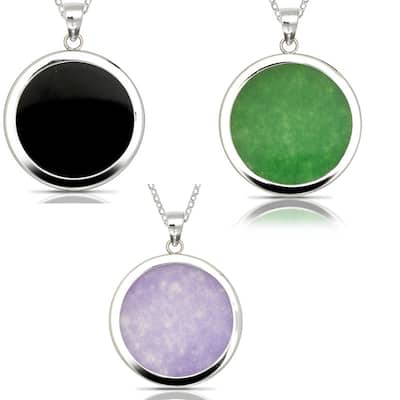 925 Sterling silver 18" Green Jade/Lavendar Jade/Black Onyx Besel Circle Pendant Necklace (25mm x 32mm)