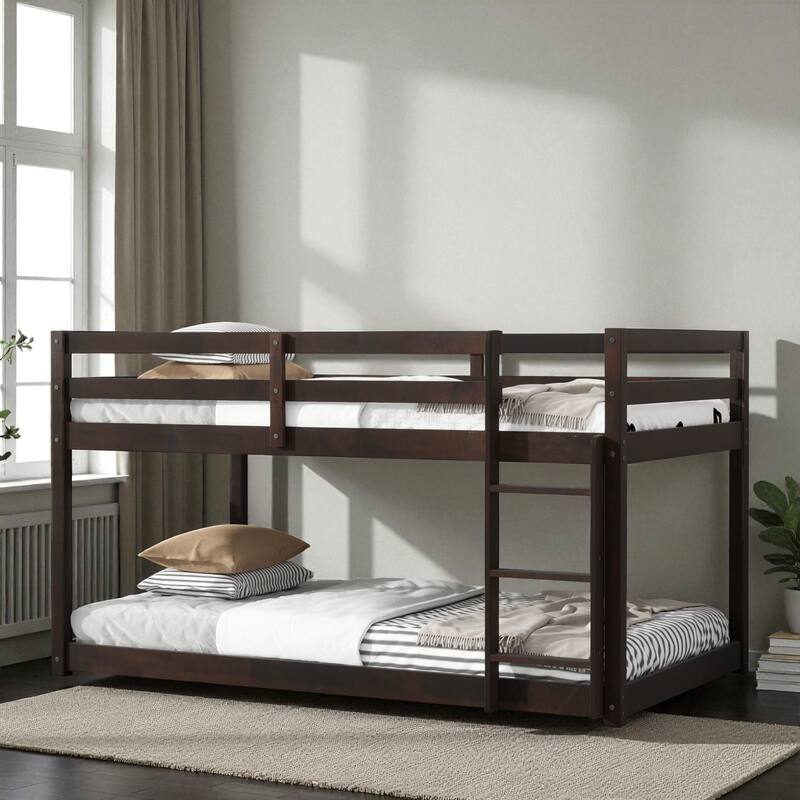 Solid Rubber Wood Twin Over Twin Floor Bunk Bed with Ladder, Low Height Design and Strengthened Slat Support