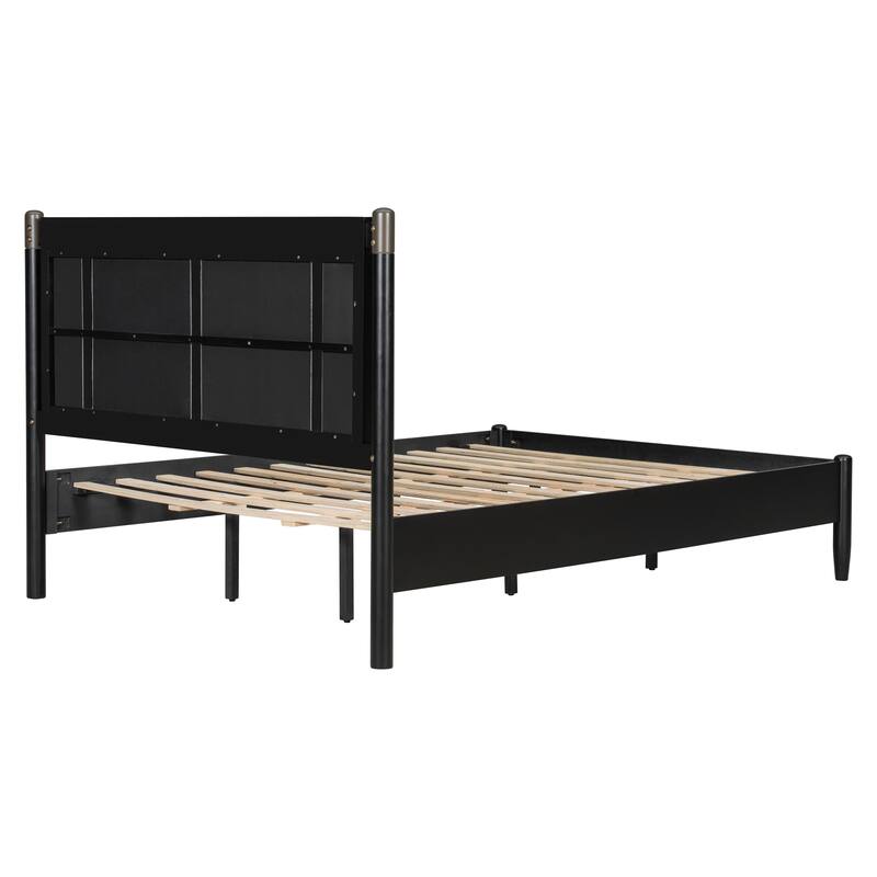 Solid Wood Queen Bed, Heavy Duty 500 lbs Support, No Box Spring Needed, Upholstered Headboard with Metal Handles