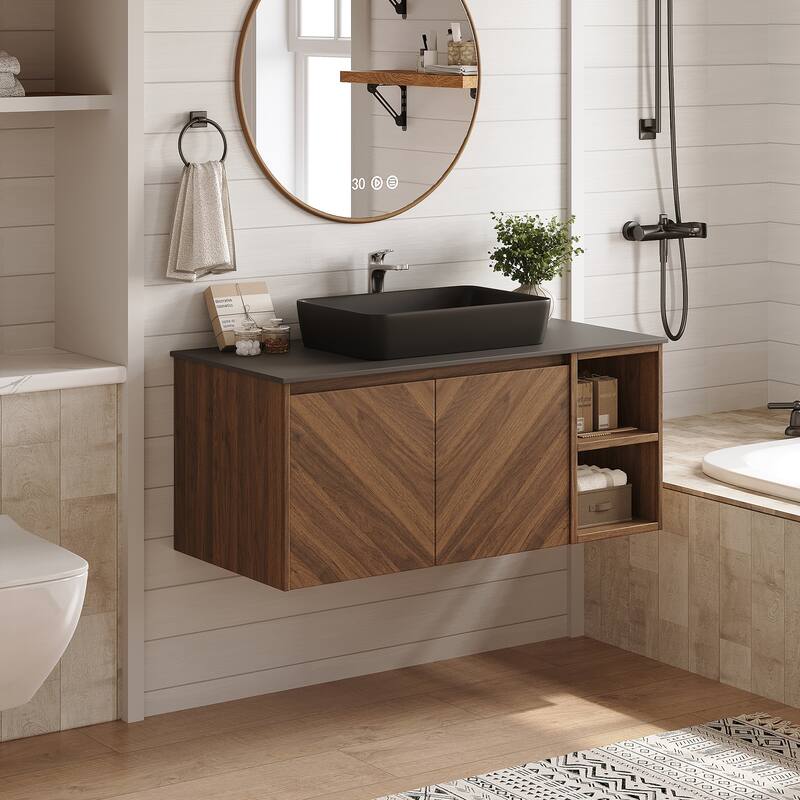 36'' Single Bathroom Vanity with Stone Top, Brown Wood, Black Vessel, Floading Vanities - Black